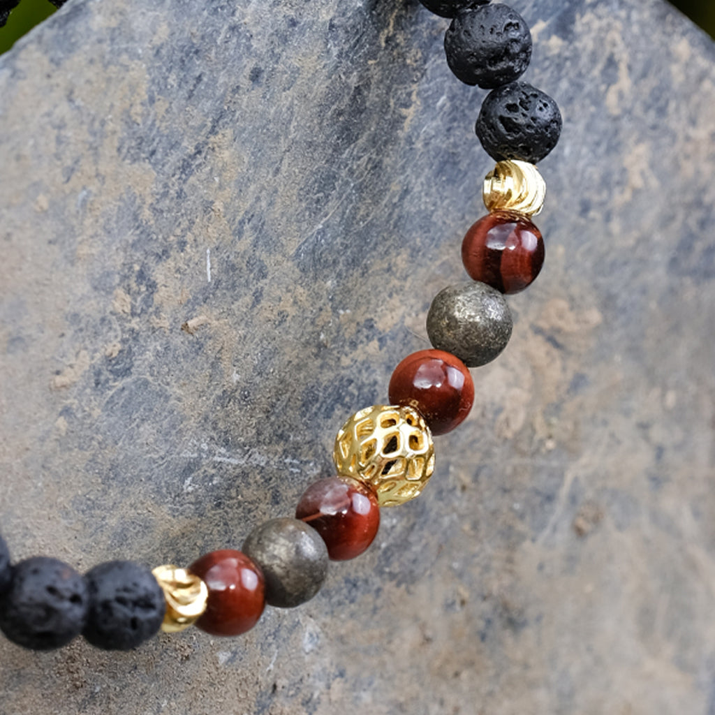 Fuerza Dorada – Pirita, Ojo de Tigre Rojo y Piedra Volcánica