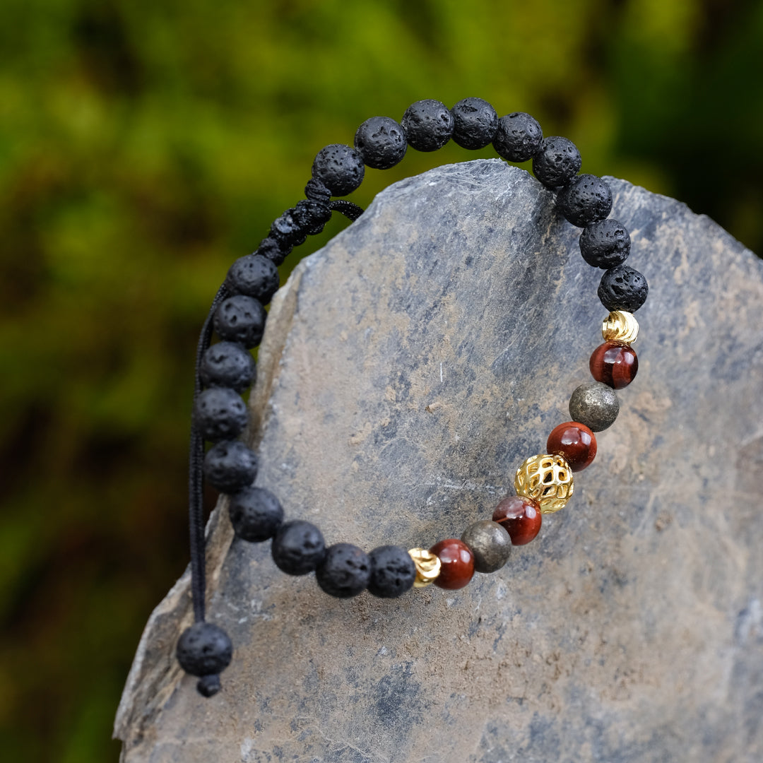 Fuerza Dorada – Pirita, Ojo de Tigre Rojo y Piedra Volcánica